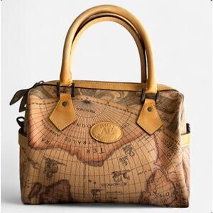 Allan Edward Vintage Map Print Handbag with Genuine Leather Trim
